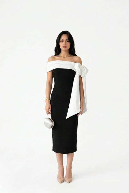 Capri Off-the-Shoulder Bow Monochrome Cocktail Dress
