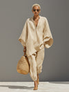 Women Casual Lazy Loose Solid Color Shirt Set