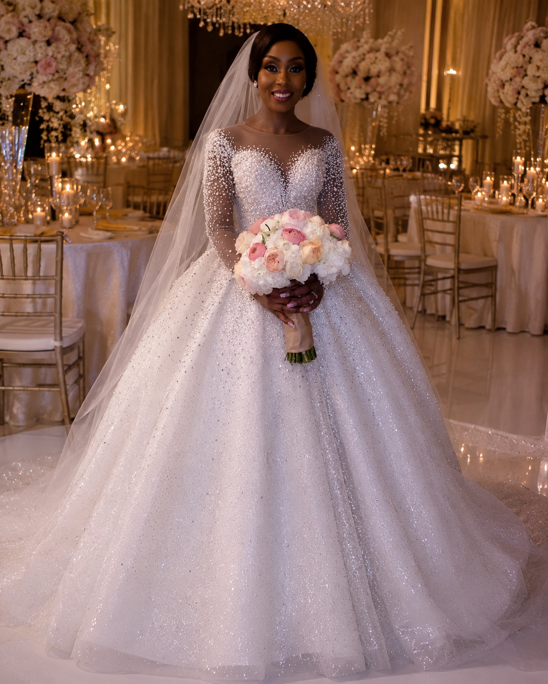 Ball gown wedding dress with long sleeves, adorned with pearls and a sparkly white skirt, paired with a bridal bouquet.