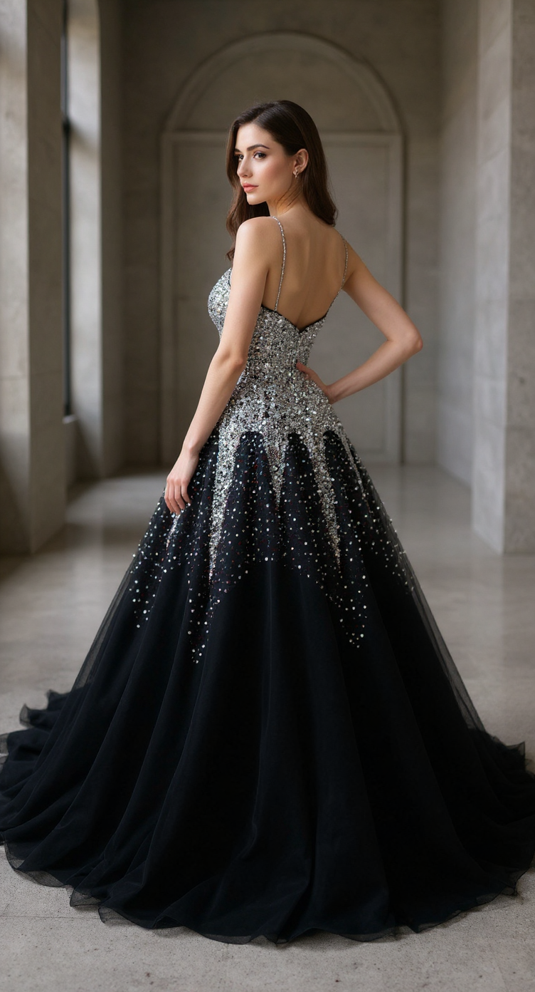 Black wedding gown with a deep V-neck, crystal bead detailing, and a voluminous train, modeled from the back.