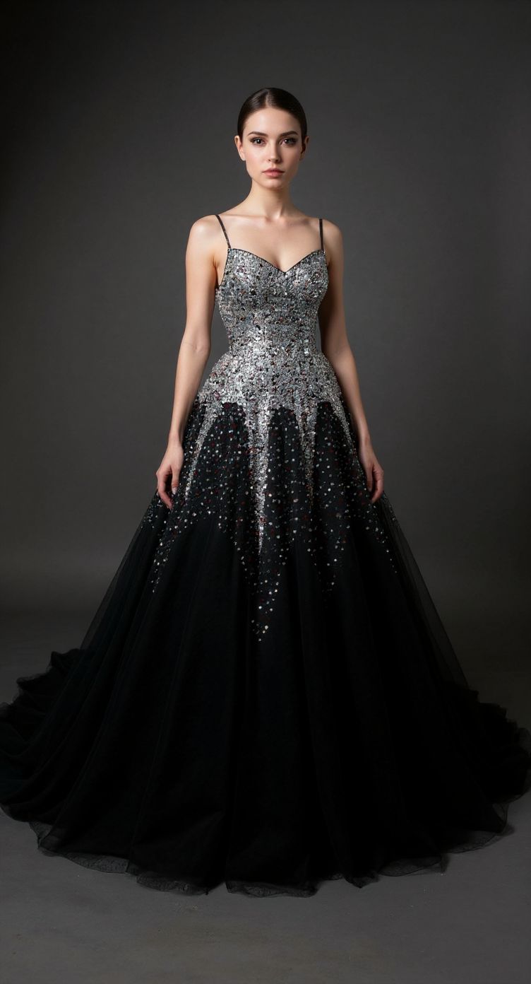 Deep V-neck black wedding gown adorned with crystal beads, featuring a voluminous train and adjustable straps.