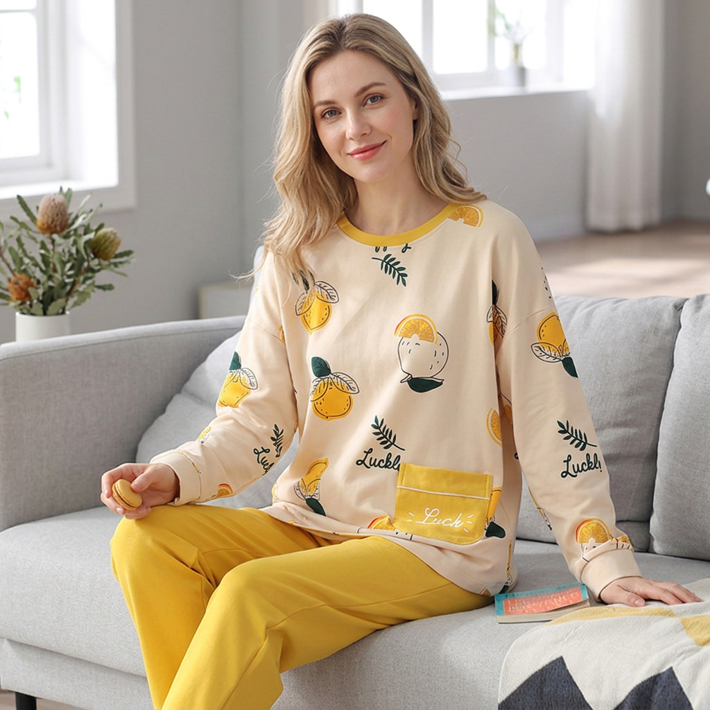 Blonde model wearing the citrus-print pyjama set