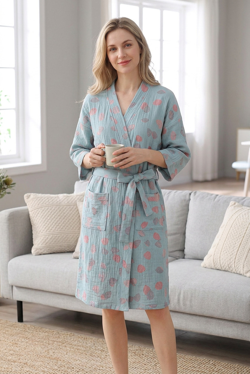 Blonde model wearing the light blue gauze robe