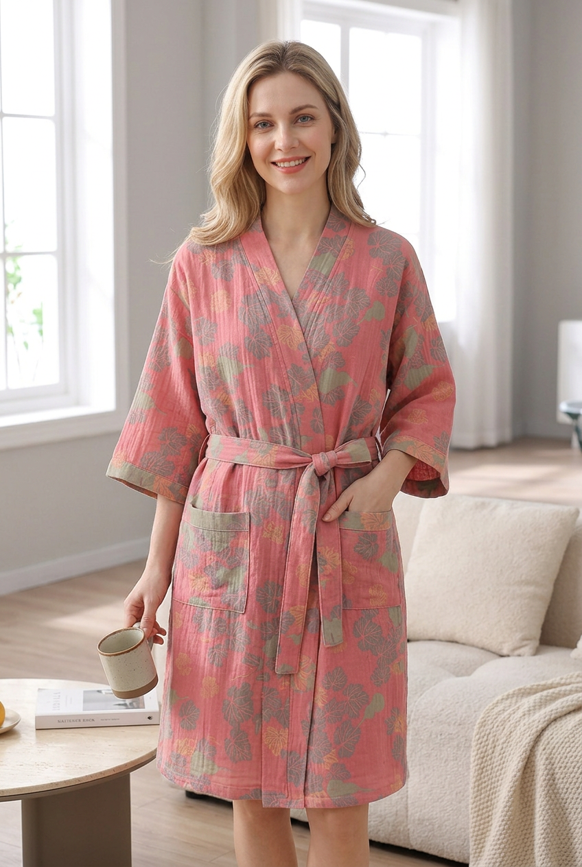 Blonde model wearing the pink gauze robe