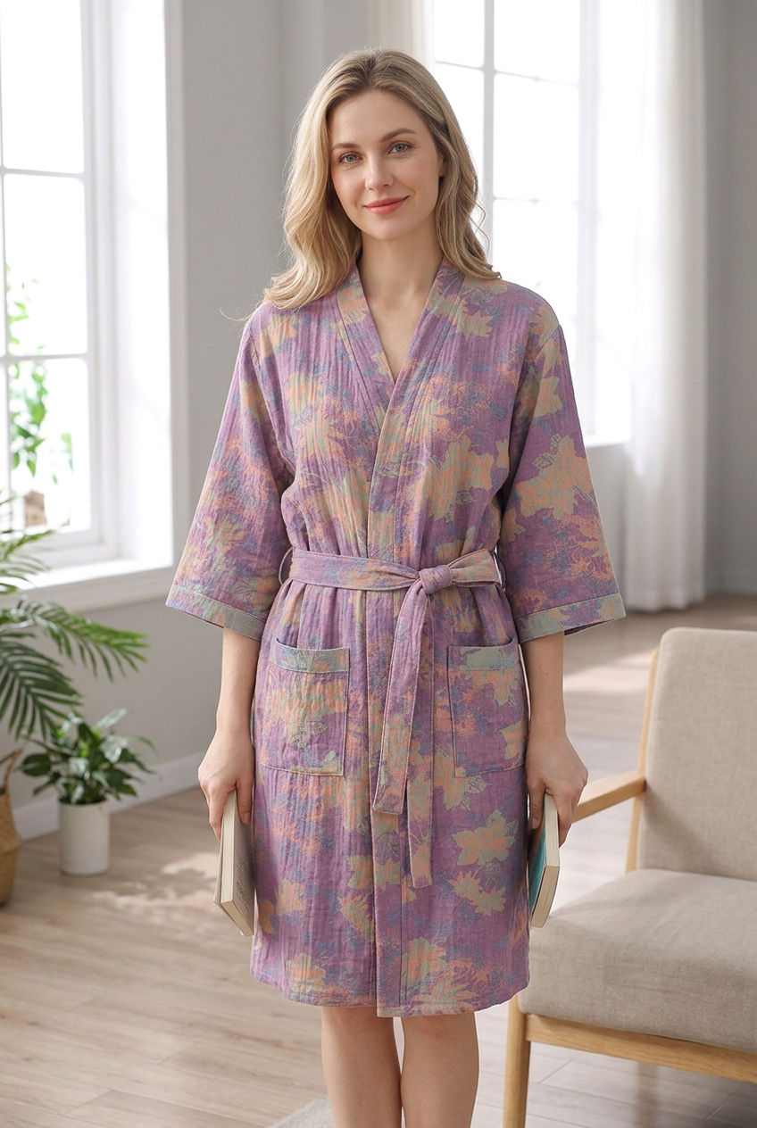 Blonde model wearing the purple gauze robe