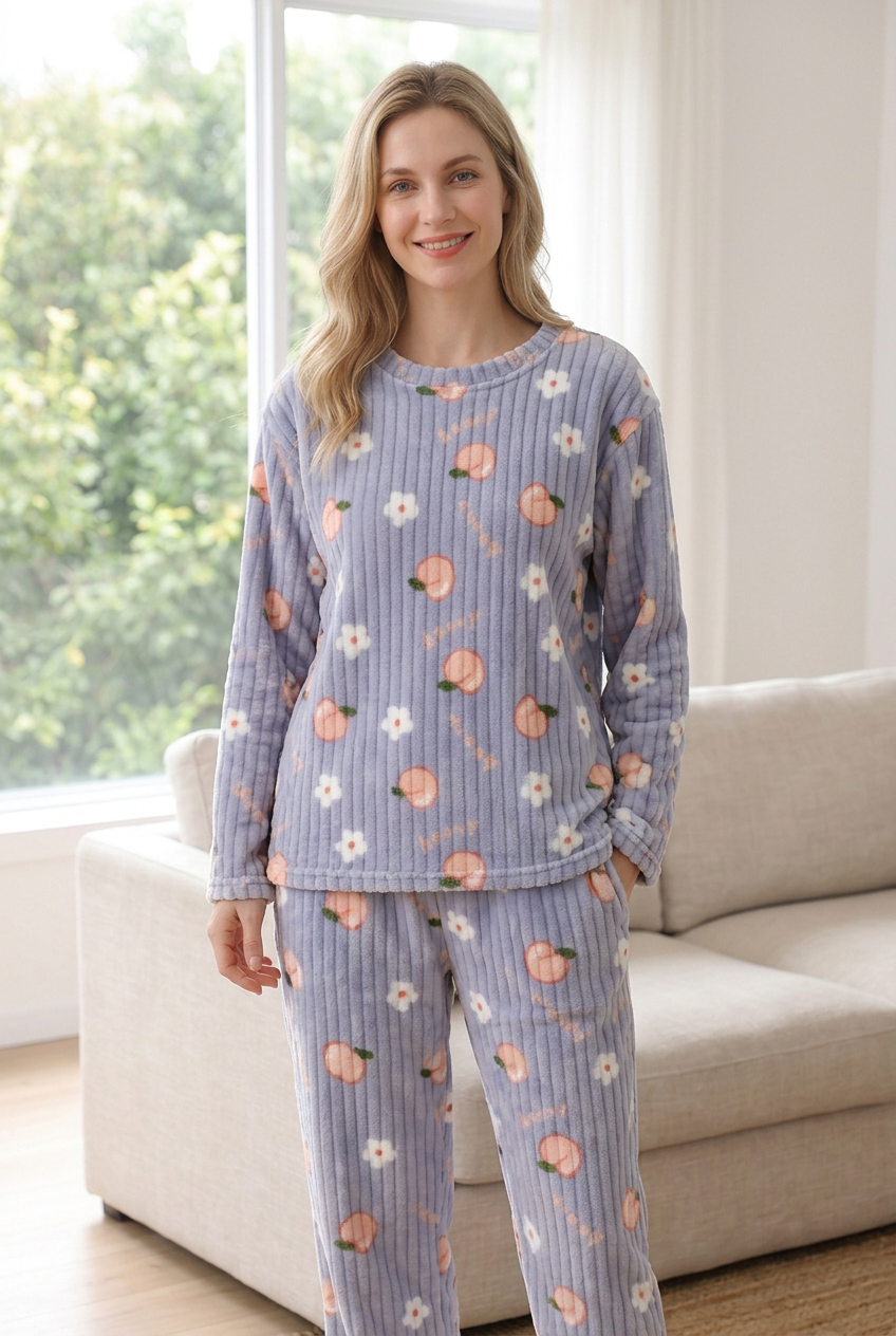 Blue peach-print fleece pyjamas
