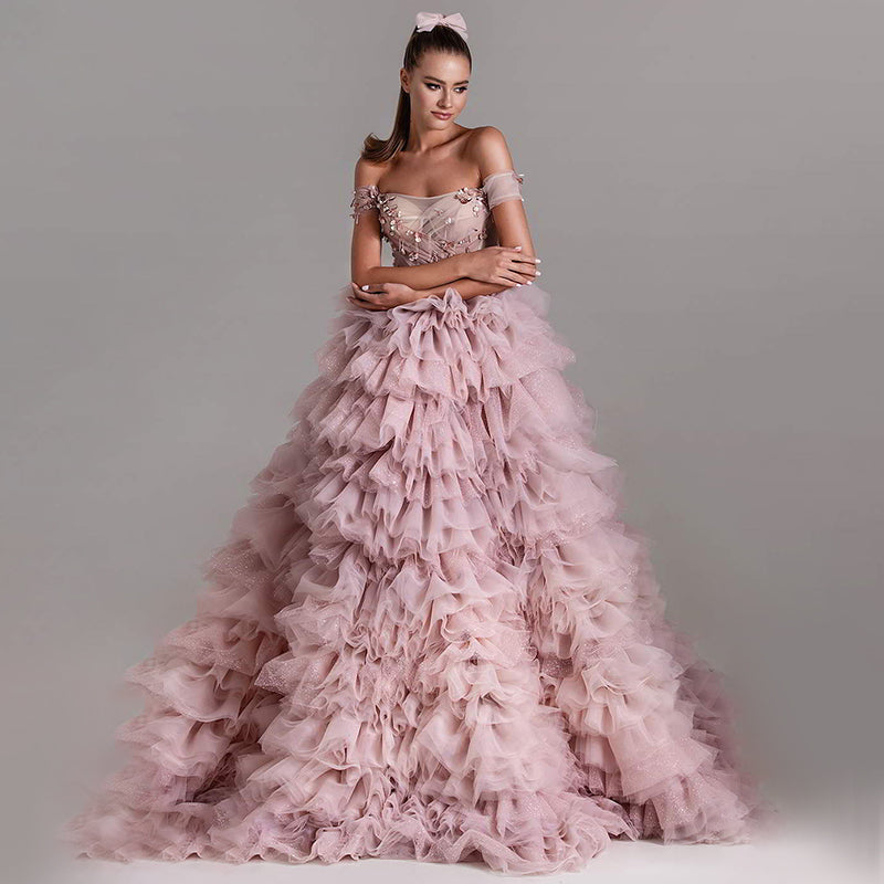 Aurora Off Shoulder Perlebesat Pink Gallakjole