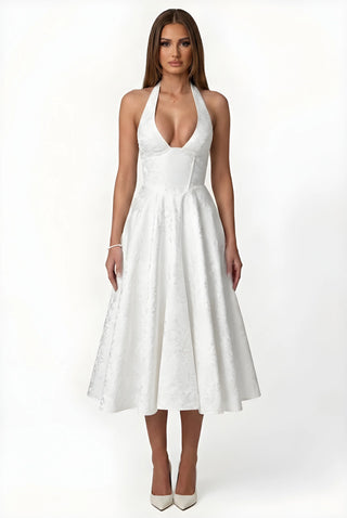 Elegant V-Neck Halter Floral Jacquard Evening Dress - Backless Sleeveless A-Line Gown With Waist Accent For Women