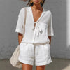 Summer New Solid Color Casual Cardigan Lace-up Short-sleeve Shirt Loose Shorts Set For Women