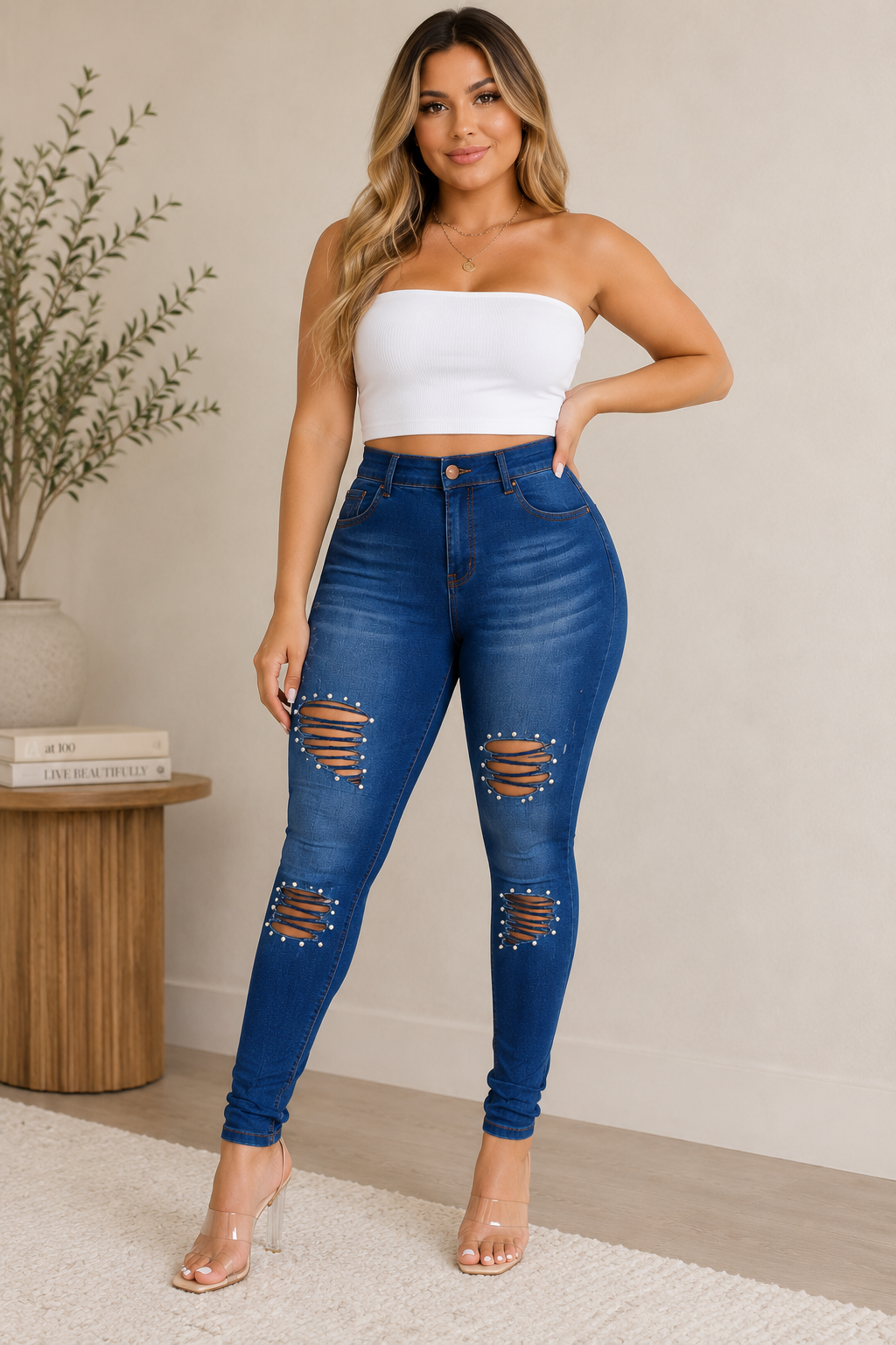 Leggings vaqueros elásticos de malla calada con tachuelas y perlas