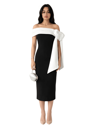 Women's Off-shoulder Bow Black And White Color Matching Elegant Cocktail Dress