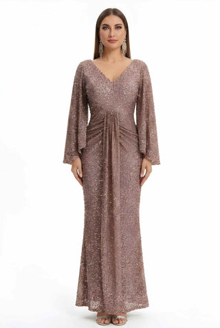 Women's Sequin Long Sleeved V-neck Pleated Dress