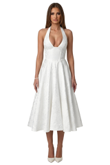 Image from Elegant V-Neck Halter Floral Jacquard Evening Dress - Backless Sleeveless A-Line Gown With Waist Accent For Women - Copy