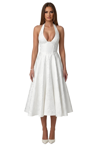 Image from Elegant V-Neck Halter Floral Jacquard Evening Dress - Backless Sleeveless A-Line Gown With Waist Accent For Women - Copy
