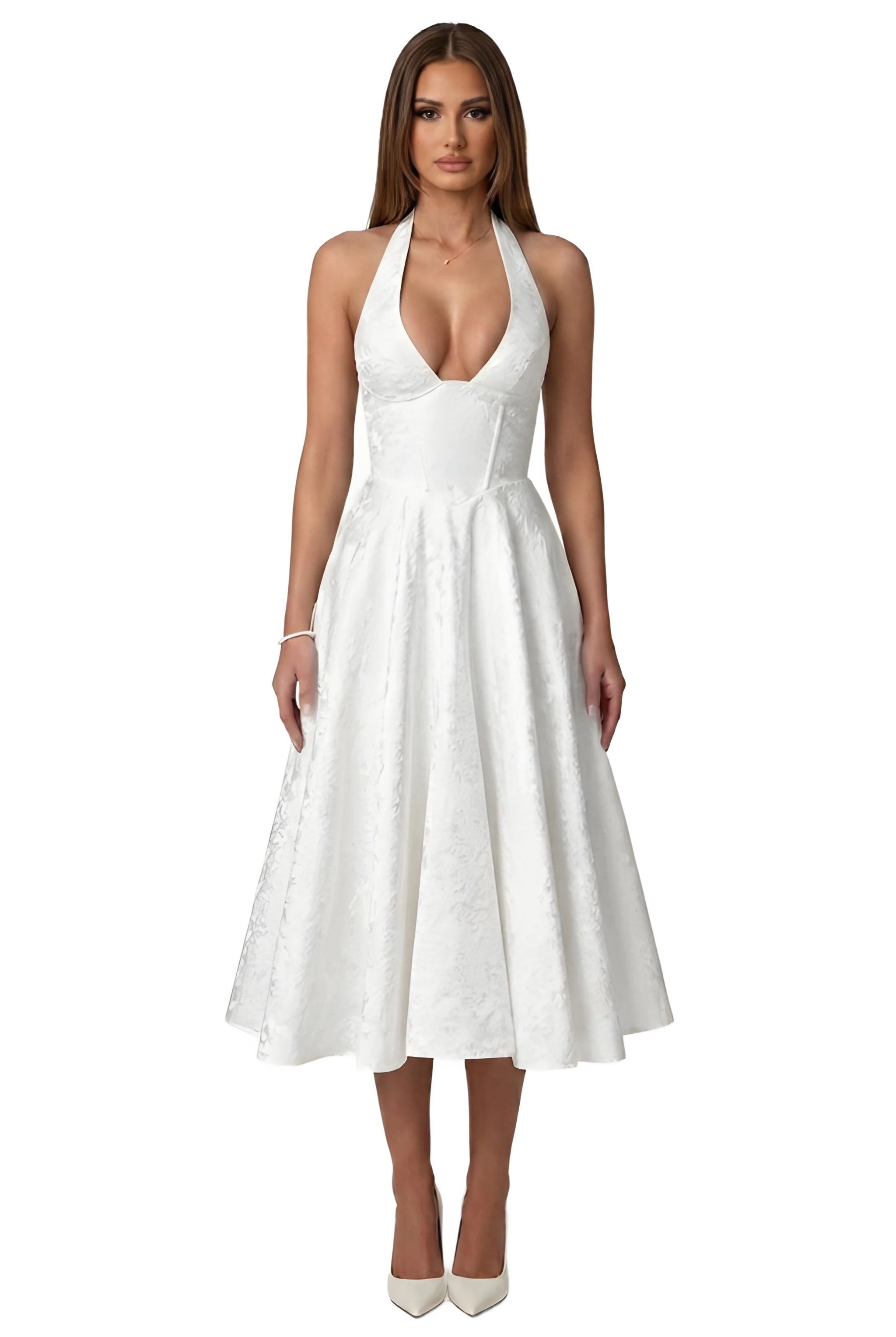 Image from Elegant V-Neck Halter Floral Jacquard Evening Dress - Backless Sleeveless A-Line Gown With Waist Accent For Women - Copy