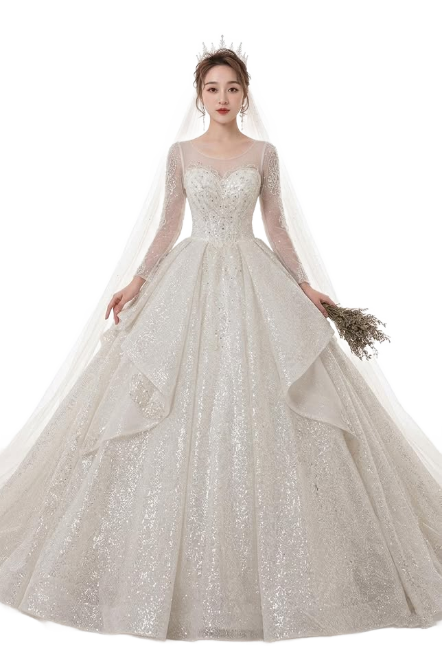Image from Wedding Evening Dress New Bride French Temperament Dream Long-sleeved Retro Big Tail - Copy
