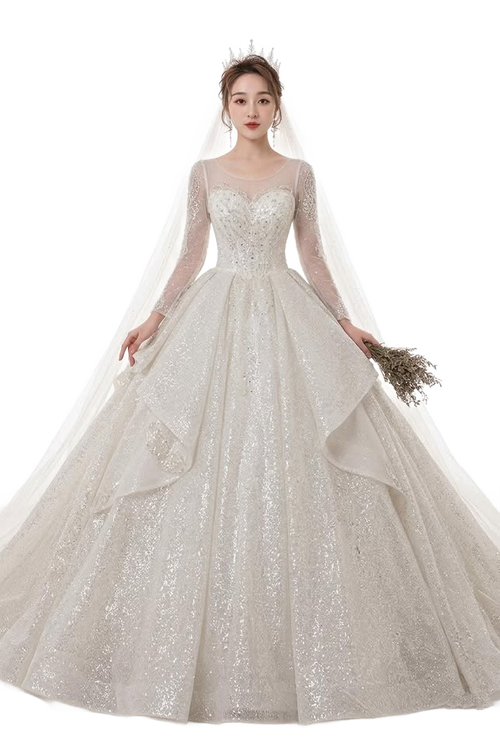Image from Wedding Evening Dress New Bride French Temperament Dream Long-sleeved Retro Big Tail - Copy
