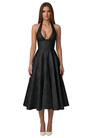 Image from Elegant V-Neck Halter Floral Jacquard Evening Dress - Backless Sleeveless A-Line Gown With Waist Accent For Women - Copy