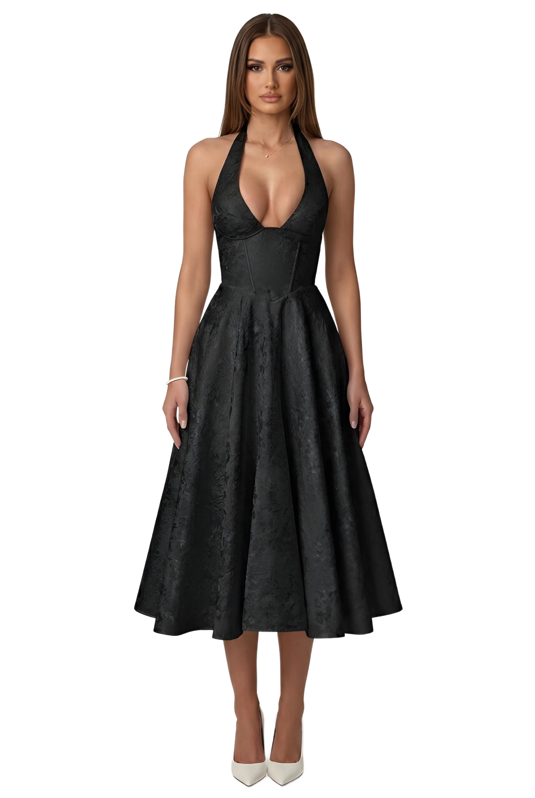 Image from Elegant V-Neck Halter Floral Jacquard Evening Dress - Backless Sleeveless A-Line Gown With Waist Accent For Women - Copy