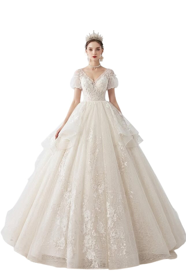 Robe de mariée Angelica asymétrique faite à la main avec fleurs et longue traîne super féérique
