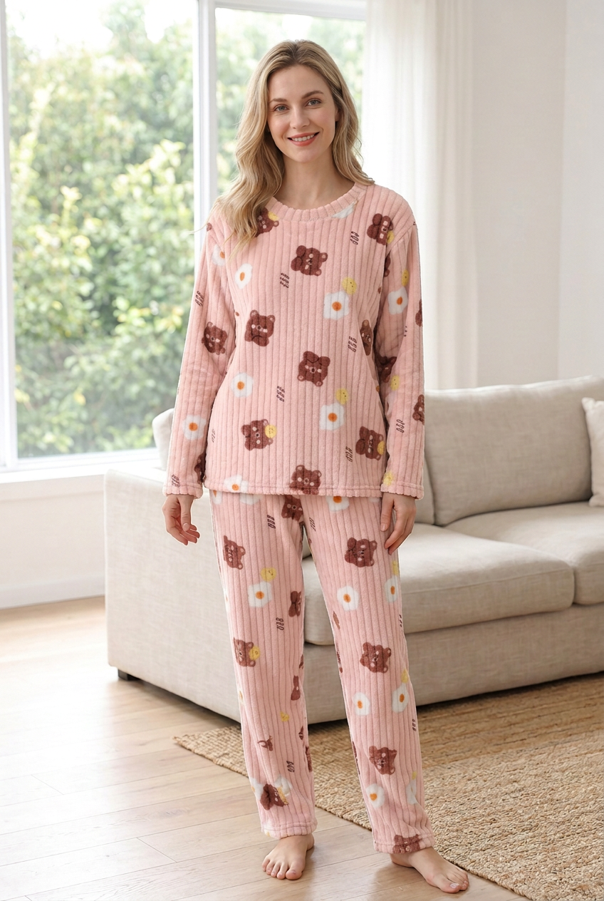 Pink bear-print fleece pyjamas