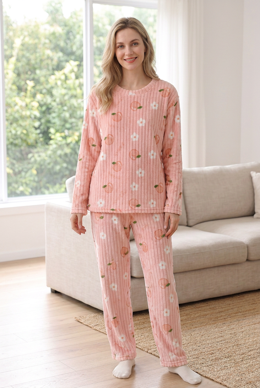 Pink peach-print fleece pyjamas