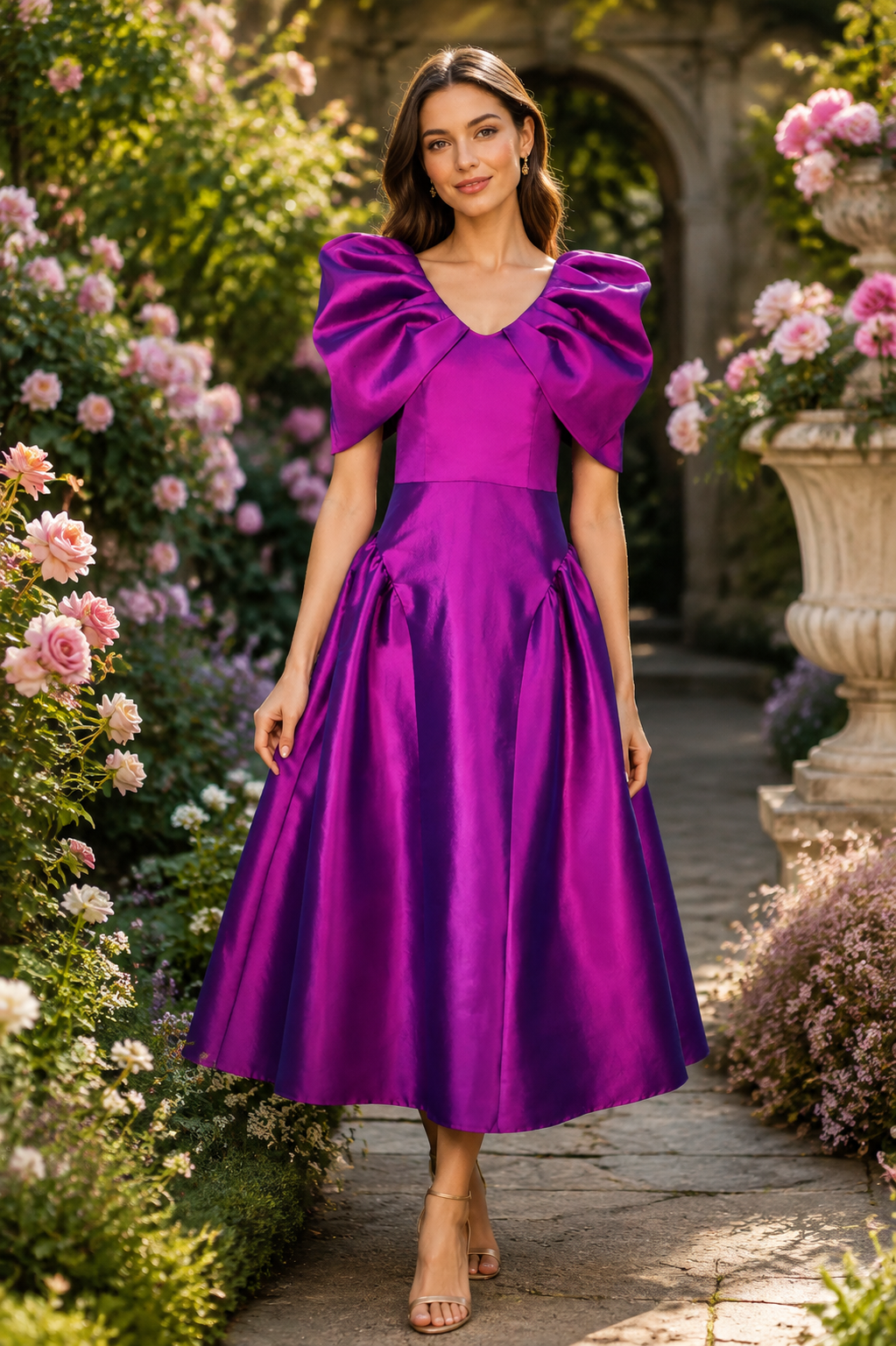 Vestido de gala evasé Araminta, con mangas abullonadas, paneles combinados y pliegues