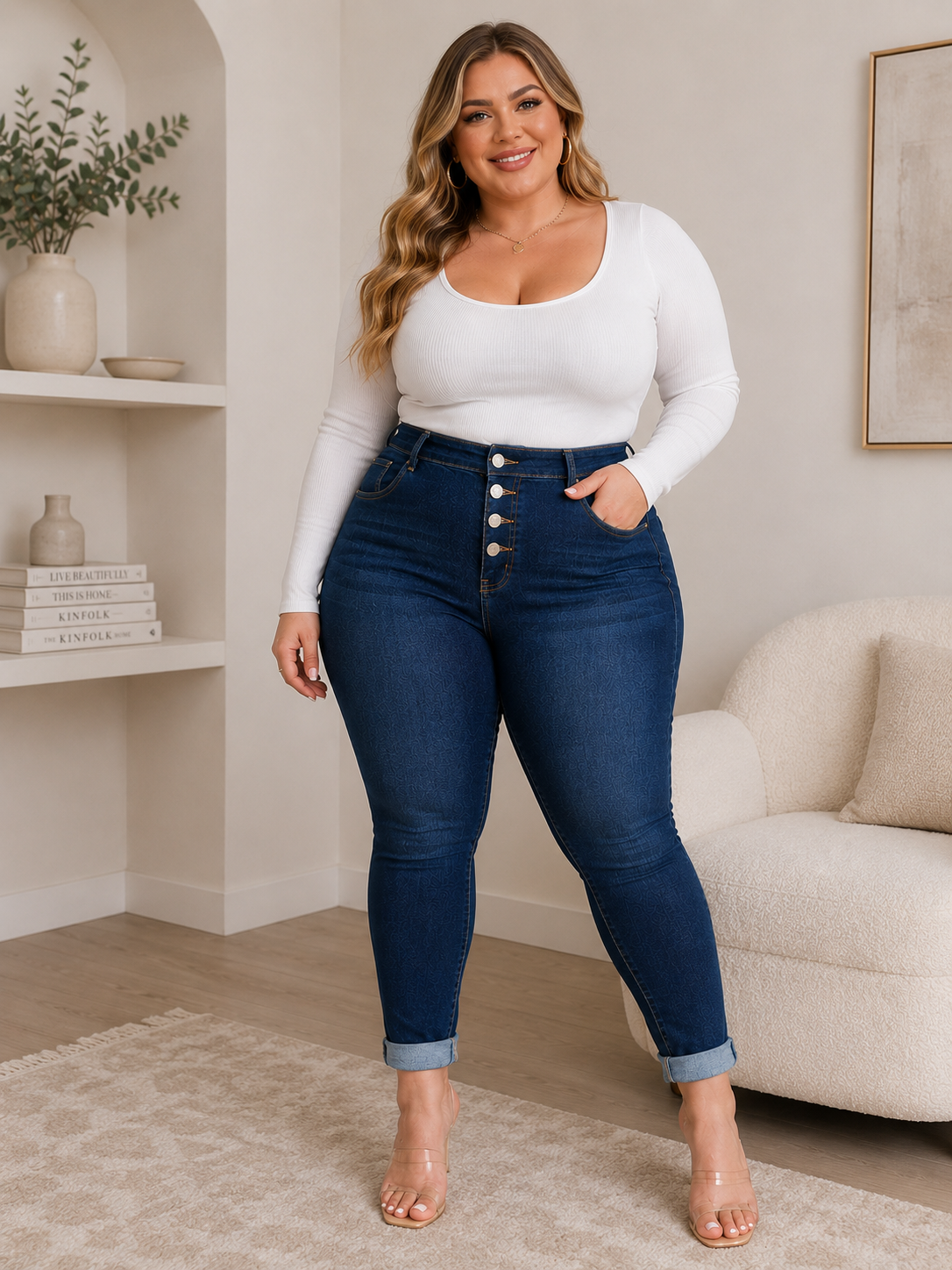 Jeans in denim aderenti cropped, extra vestibilità, taglie forti, stile europeo e americano