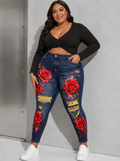 Fransk romantisk stil. Højtaljet slankende denim A-formet nederdel med blomstret print.