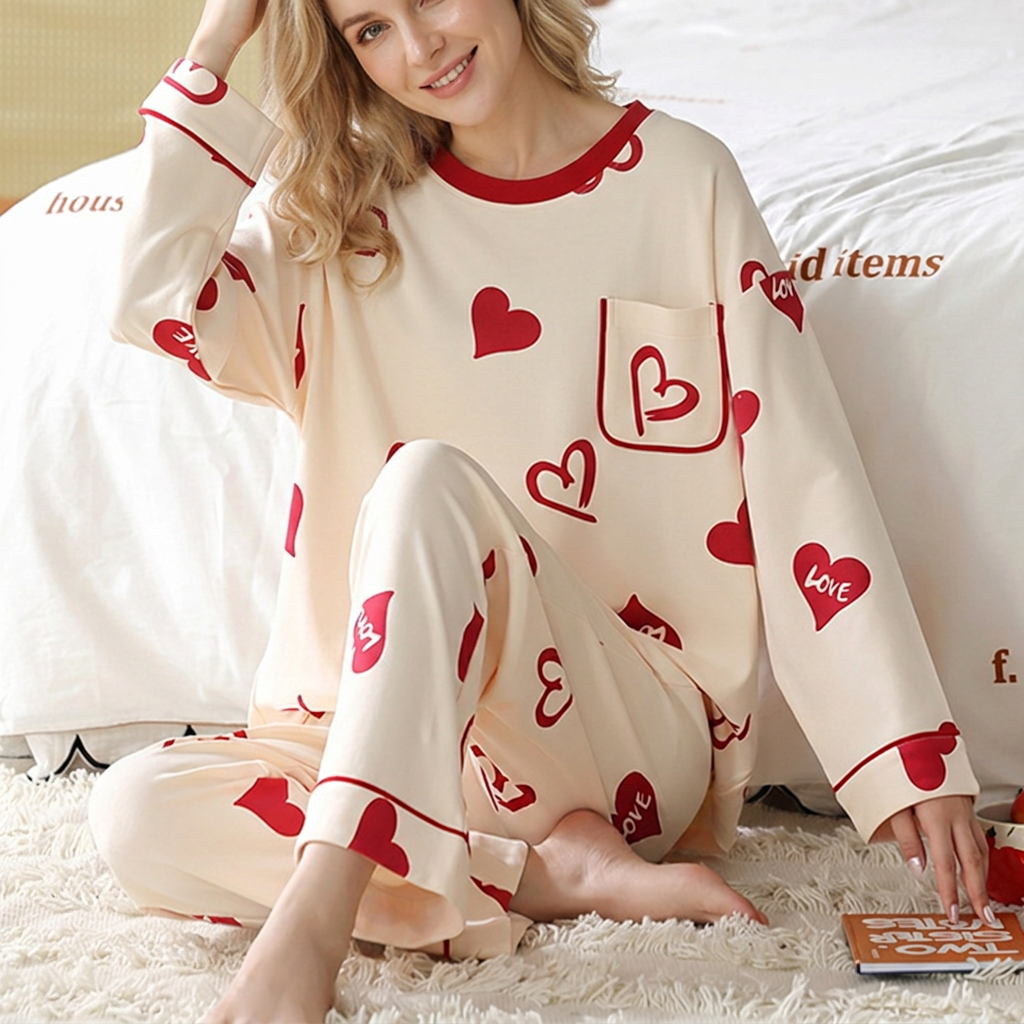 Red heart-print pyjama set