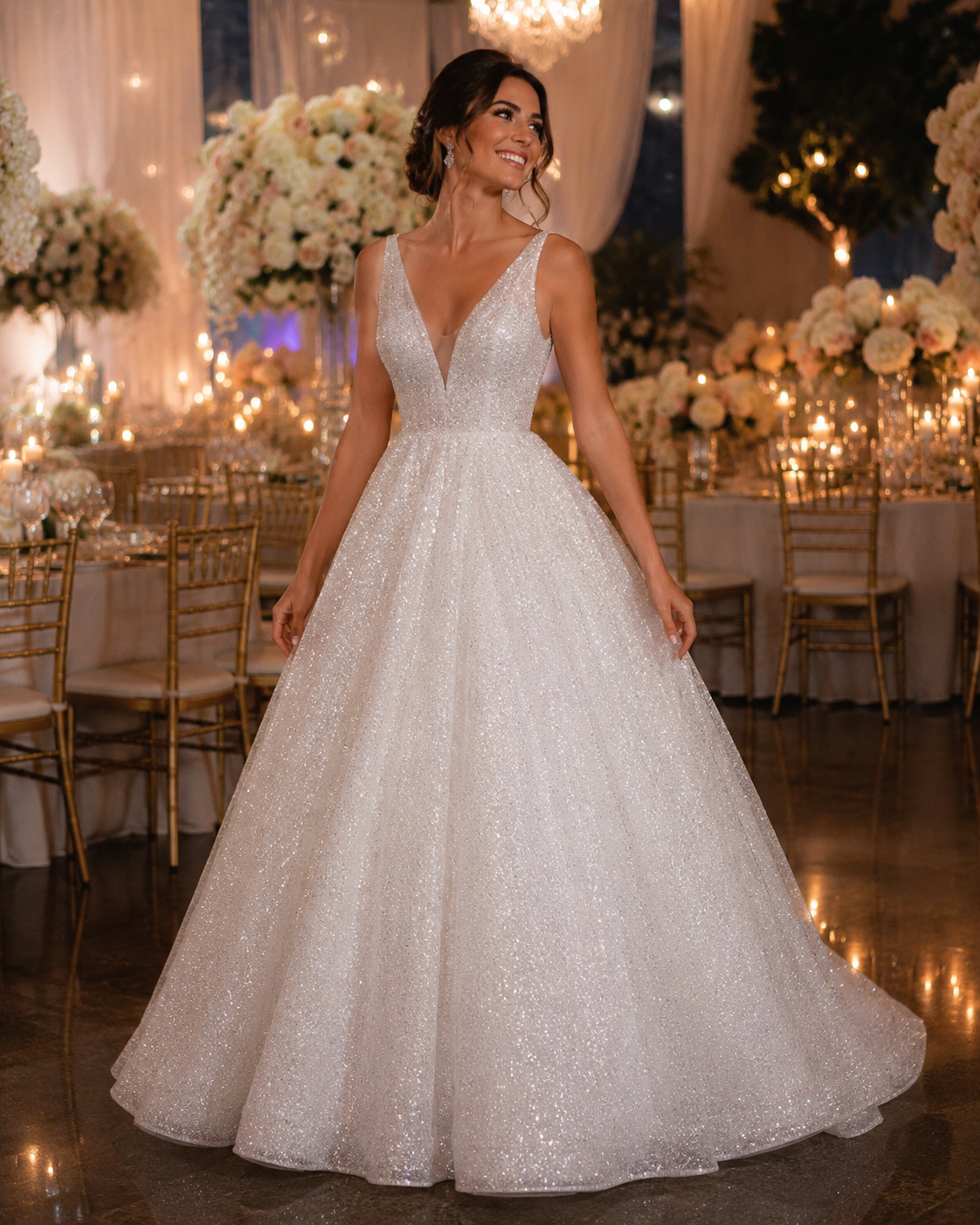 Pure white three-layer evening dress with a deep V-neck and sparkling fabric, styled elegantly on a model in a festive setting.