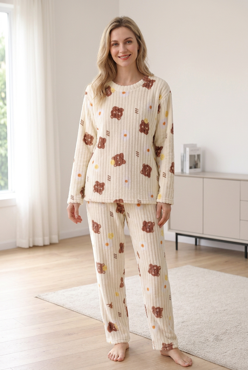 White bear-print fleece pyjamas
