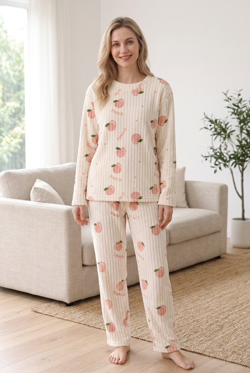White peach-print fleece pyjamas