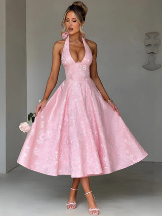 Elegant V-Neck Halter Floral Jacquard Evening Dress - Backless Sleeveless A-Line Gown With Waist Accent For Women
