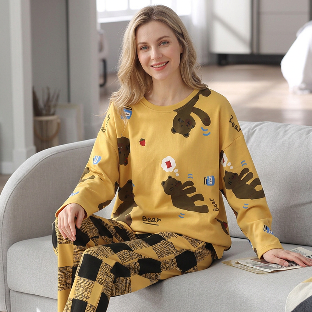 Yellow bear-print pyjama set